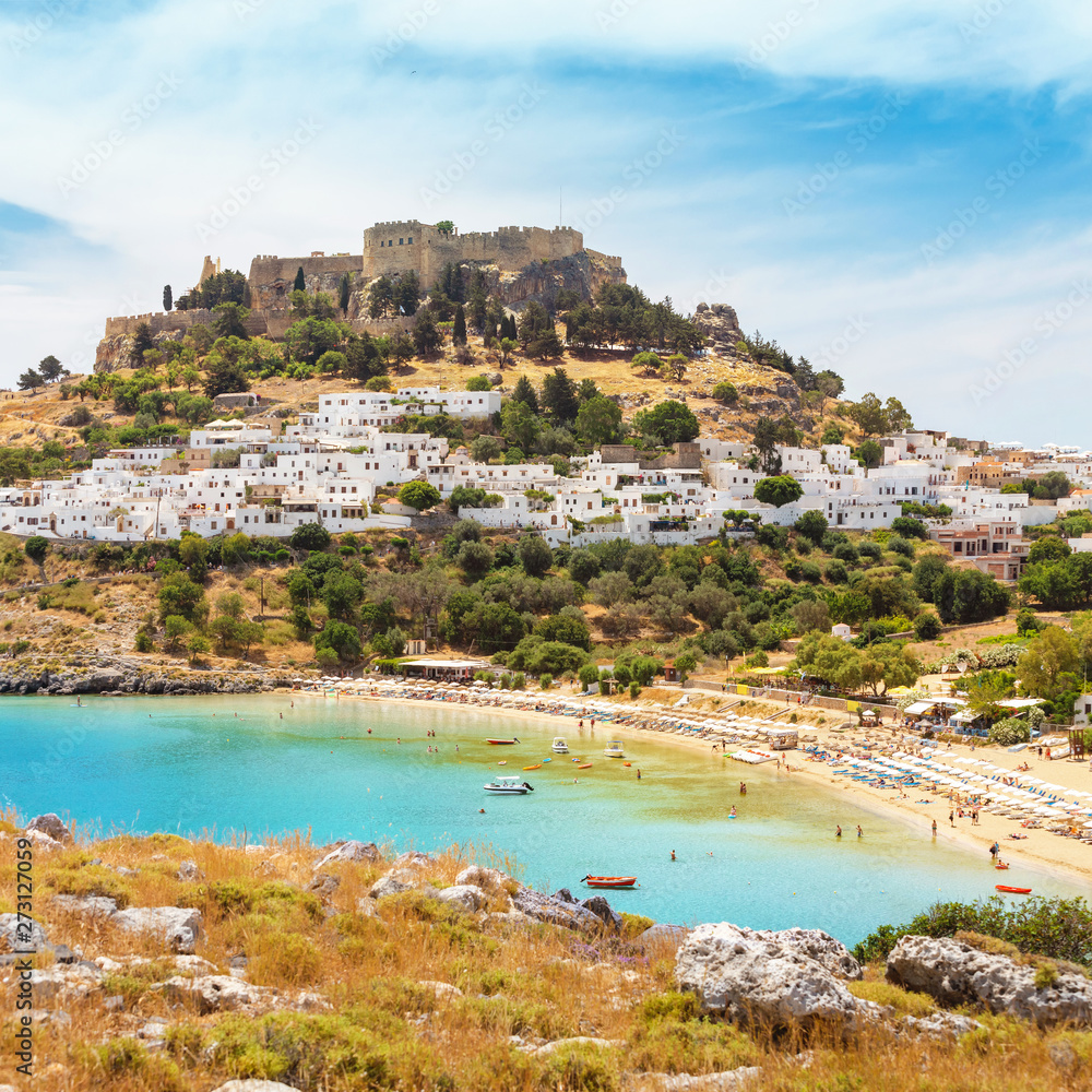 Famous tourist attraction and landmark - Lindos town landscape. Travel and vacation destination in Rhodes island, Greece.