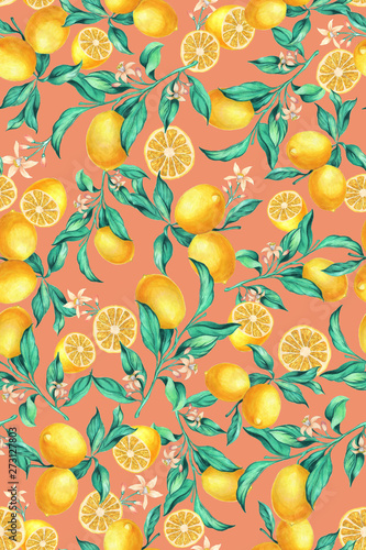 Wallpaper Mural seamless hand painted botanical lemon branches with flowers pattern. Lemons, yellow fruit, citrus. Multicolor allover design. Summer mood. Torontodigital.ca