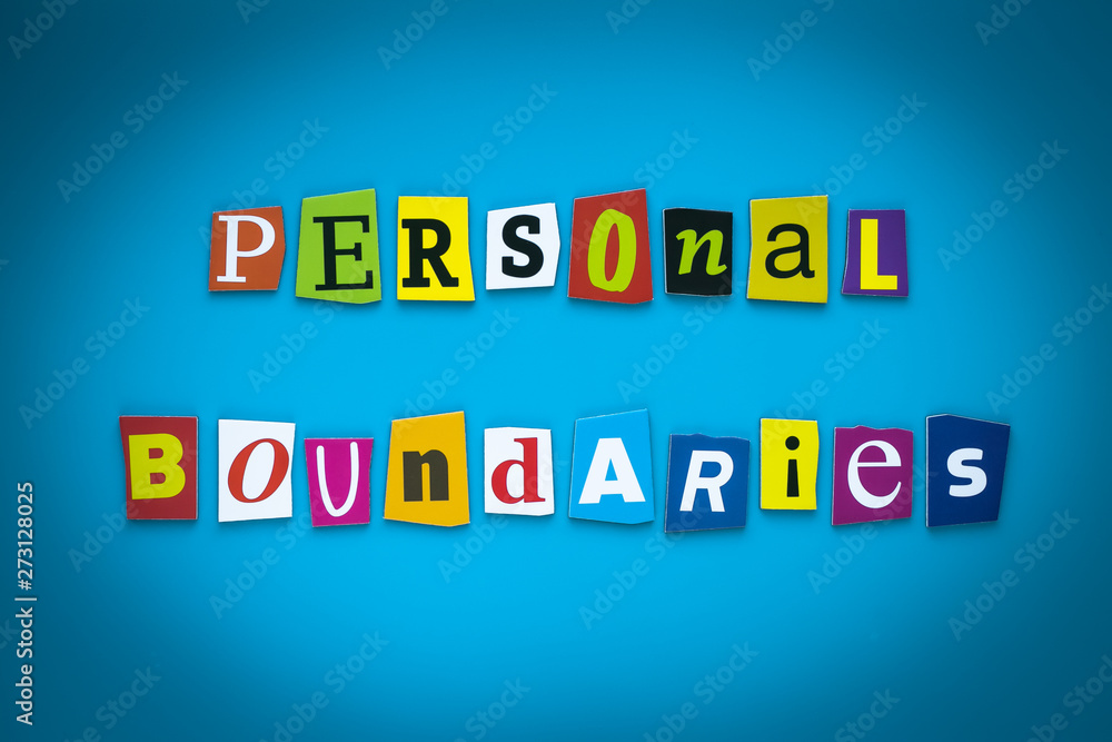 Obraz premium A word writing text - personal boundaries - from cut letters on a blue background. Headline, card, banner with inscription. Psychologic concept. Caption, heading from colored letters.