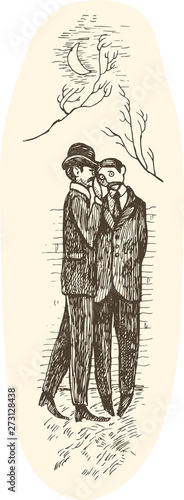 Принти на полотні Man and woman gossip by the river characters macabre noir people emotions conspi