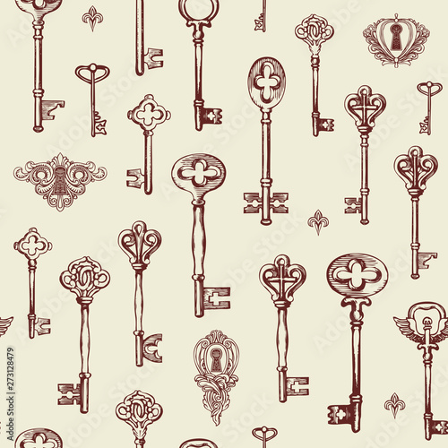 Vector seamless pattern with vintage keys and keyholes in retro style. Hand drawn illustration. Wallpaper, wrapping paper or fabric