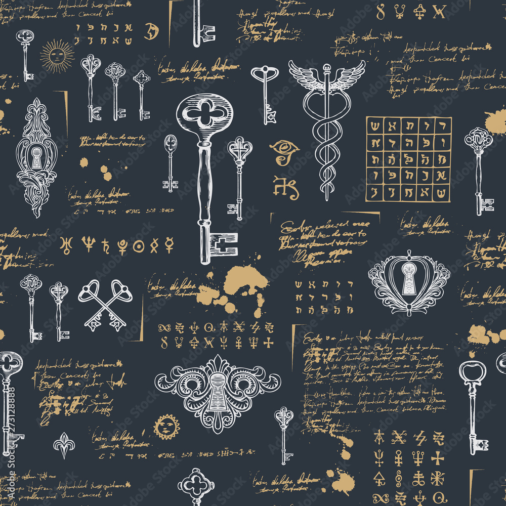 Vector seamless pattern with vintage keys and keyholes. Medieval