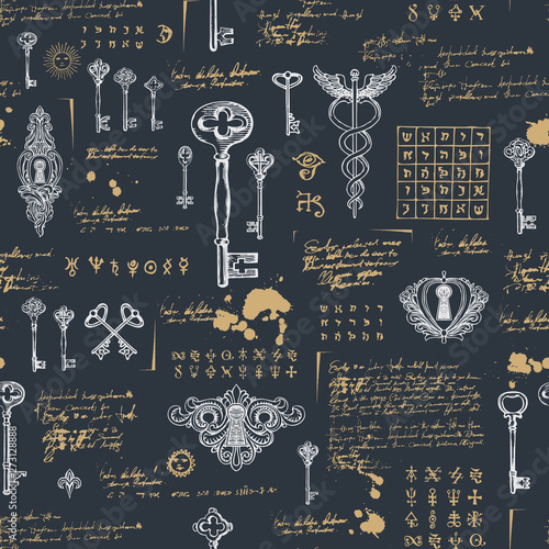 Vector seamless pattern with vintage keys and keyholes. Medieval manuscript with sketches, blots and spots in retro style. Hand drawn illustration. Wallpaper, wrapping paper or fabric