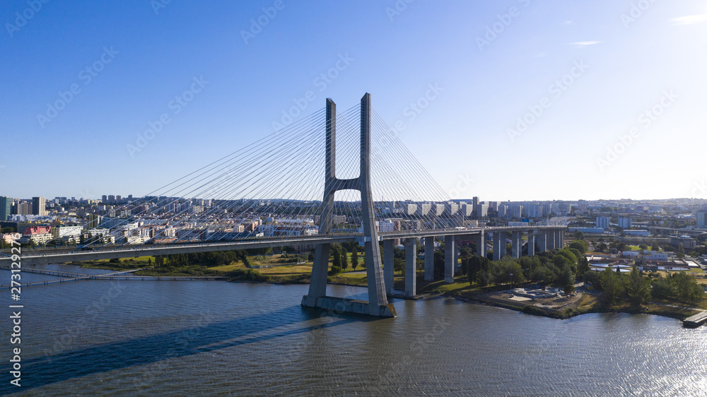 Aerial photo of Vasco da Gama Bridge, Lisbon, Portugal. Lisbon view