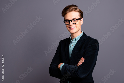 Close up side profile photo amazing him his guy macho specs perfect appearance hairstyle arms crossed easy-going chief leadership white teeth formal-wear shirt velvet jacket isolated grey background