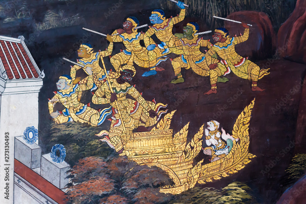 Ancient thai painting on wall in thailand buddha temple.