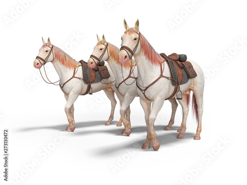 Three horses in bridle go 3d render on white background with shadow