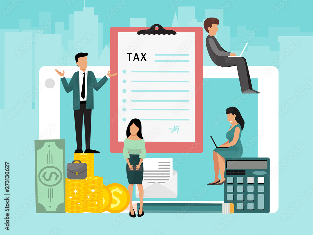 Concept of pay bills tax accounts online via computer or laptop. Online payment service. Laptop checks and invoices on the screen. Pay people man and woman. Vector illustration account banking. Concept of pay bills tax accounts online via computer or laptop. Online payment service. Laptop checks and invoices on the screen. Pay people man and woman. Vector illustration account banking.