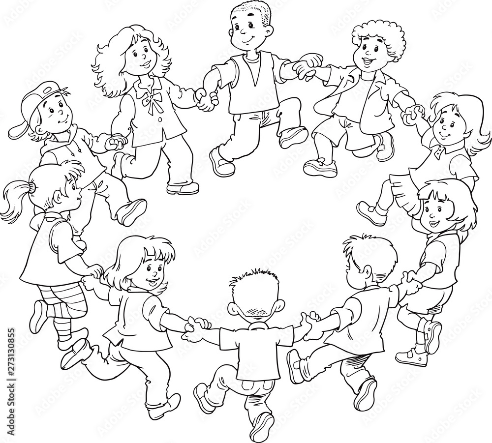Happy kids holding hands and dancing in a circle. Cute boys and girls having fun. Cartoon outline style