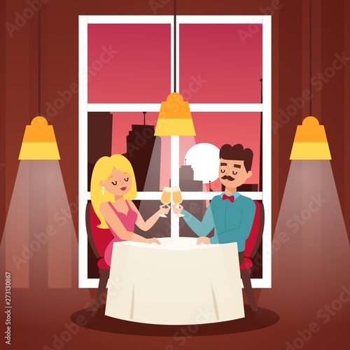 Perfect date banner vector illustration. People sitting in restaurant and drinking champagne. Window with city sunset view. Elegant couple at table. Woman and man in evening clothing.