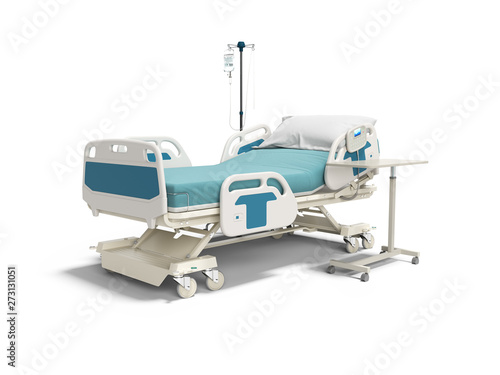Concept hospital bed with electronic control from the console with dropper and table 3d render on white background with shadow