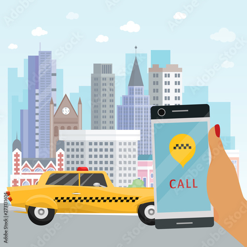 Taxi banner online mobile application order taxi service hand with phone vector illustration. Traffic transportation location yellow car business. Delivery vehicle search application.