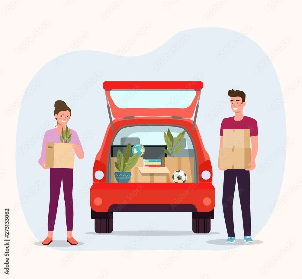 Man and woman hold boxes. Moving house. Things in box in the trunk of the car on the back. Vector flat style illustration Man and woman hold boxes. Moving house. Things in box in the trunk of the car on the back. Vector flat style illustration