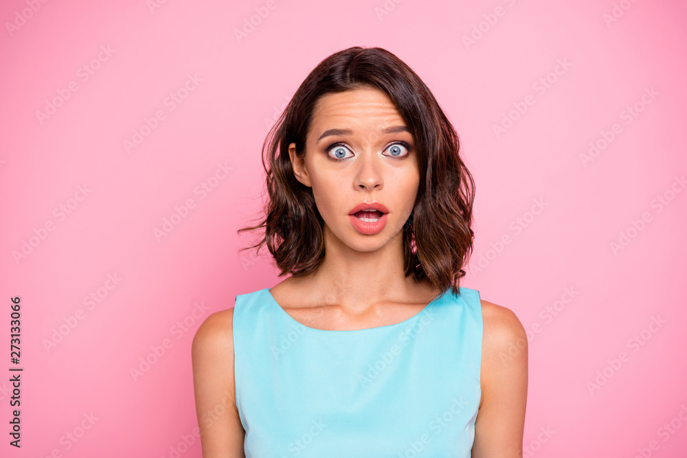 Close up photo beautiful she her lady pretty appearance speechless oh no facial expression epic fail weekend vacation wear cute shiny colorful blue dress isolated pink rose bright vivid background Close up photo beautiful she her lady pretty appearance speechless oh no facial expression epic fail weekend vacation wear cute shiny colorful blue dress isolated pink rose bright vivid background