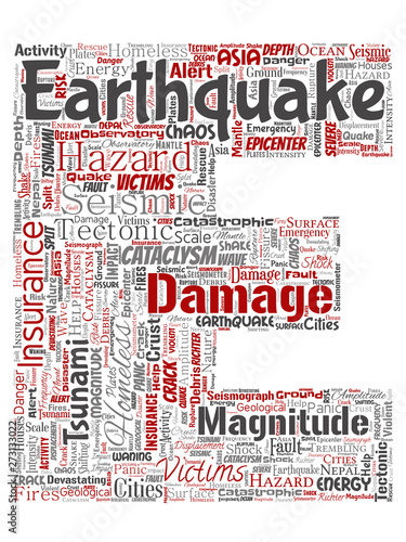 Vector conceptual earthquake activity letter font E red word cloud isolated background. Collage of natural seismic tectonic crust tremble, violent tsunami waves risk, tectonic plates shifting concept