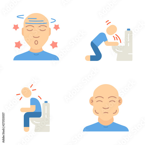 Food poisoning symptoms flat design long shadow color icons set