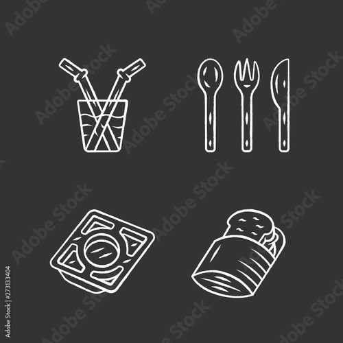 Fototapeta Naklejka Na Ścianę i Meble -  Zero waste kitchen cutlery chalk icons set