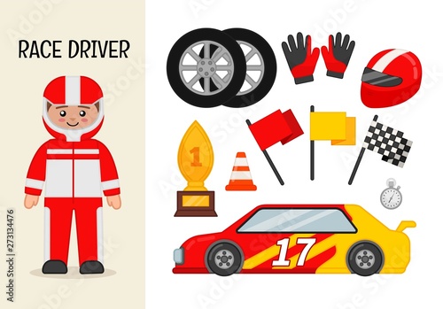 Vector character race driver. Illustrations of race driver equipment. Set of cartoon professions.