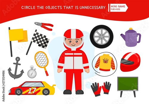 Educational game for children. Cartoon race driver. Circle the objects that is unnecessary. 
