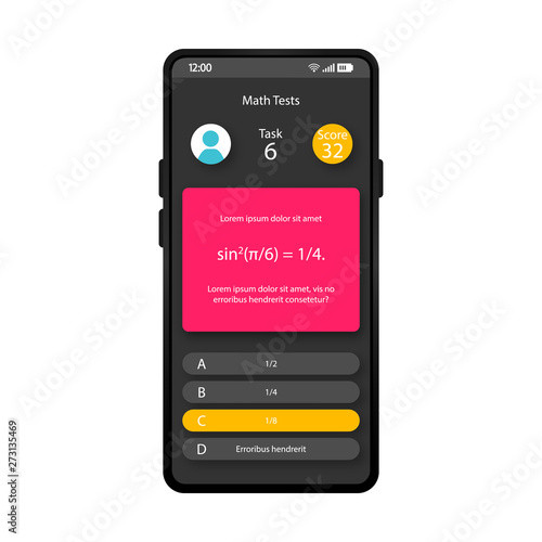 Math tests smartphone interface vector template