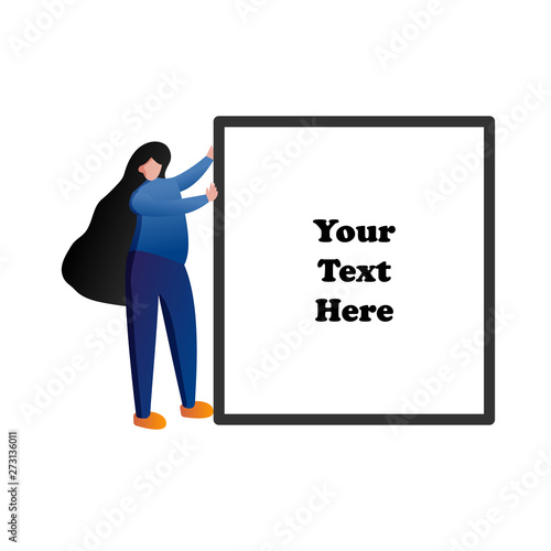 Woman pushing blank space frame for text. People lifestyle and beauty concept. Flat character design illustration vector.