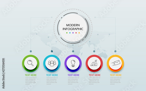 Modern Abstract 3D infographic template. Business circle with options for presentation workflow diagram. Five steps of success. Skill tree timeline theme. Vector Illustration
