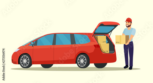 Red minivan with open trunk isolated. Man with cardboard boxes. Vector flat style illustration.