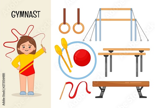 Vector character gymnast. Illustrations of gymnast equipment. Set of cartoon professions.