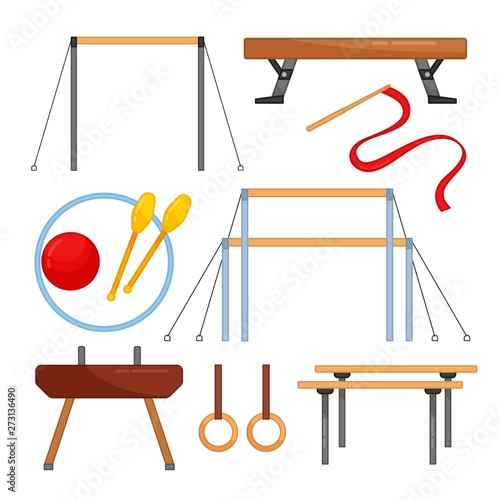 Vector set of equipment for gymnastics. Sports equipment for rhythmic and sports gymnastics.