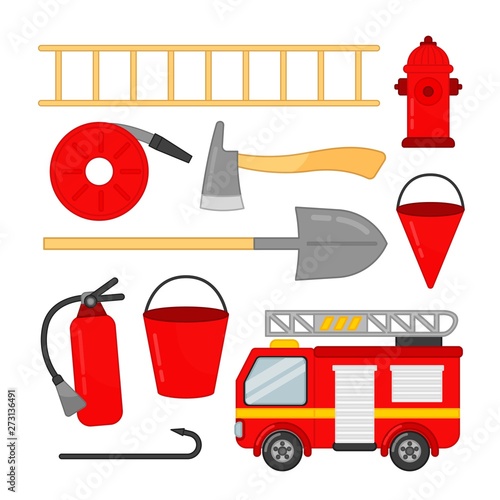 Vector set of fire icons. Cartoon illustrations of a fire engine and equipment for extinguishing a fire.