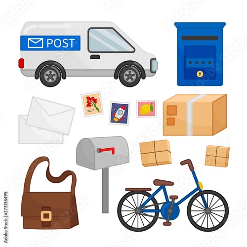 Vector set of mail icons. Postal car, envelopes, stamps, mailbox and other symbols of the postal service.
