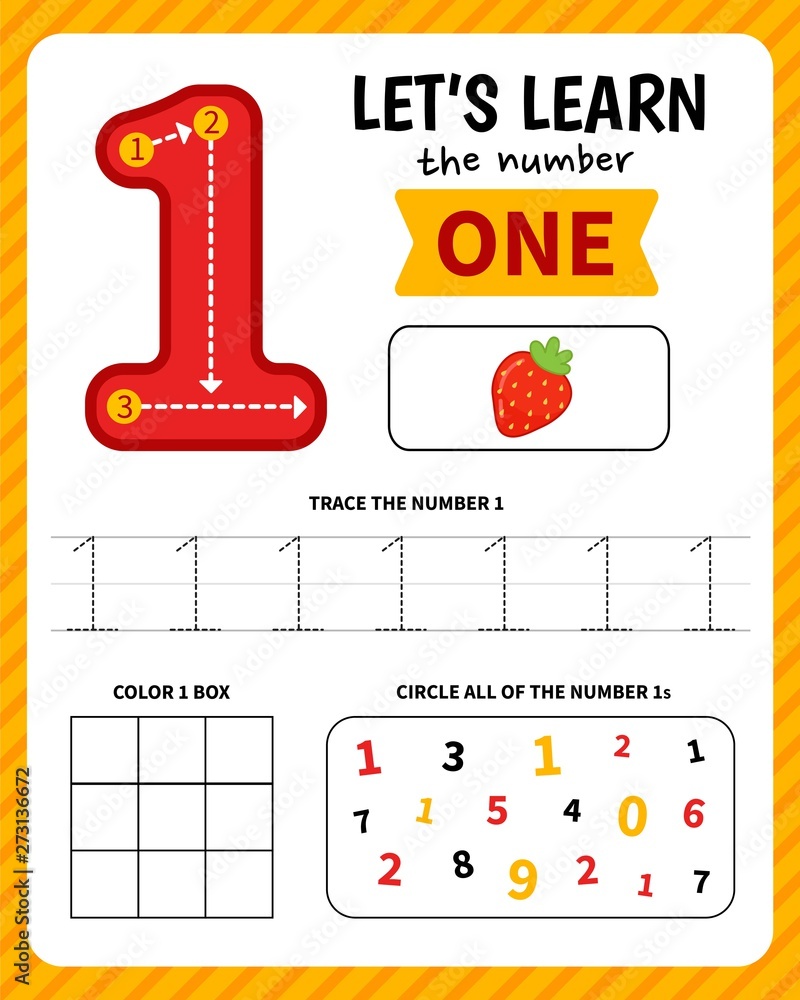 Kids learning material. Worksheet for learning numbers. Number 1. Stock