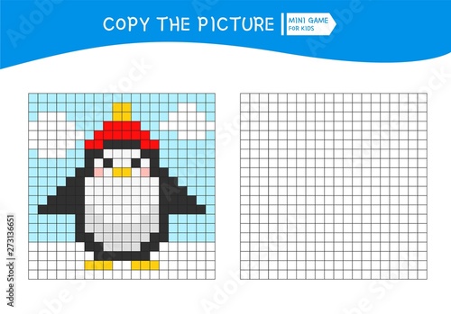Educational game for children. Copy the picture by grid. Cartoon cute penguin.