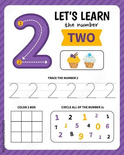 Kids learning material. Worksheet for learning numbers. Number 2. 