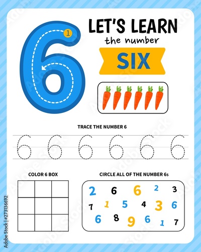Kids learning material. Worksheet for learning numbers. Number 6. 