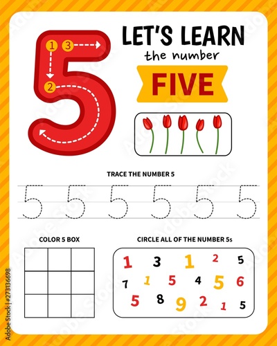 Kids learning material. Worksheet for learning numbers. Number 5. 