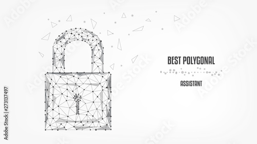 Closed lock from triangles and luminous points on white background. Protection concept. Safety of information and data. Vector black-and-white Polygonal illustration. Low poly.