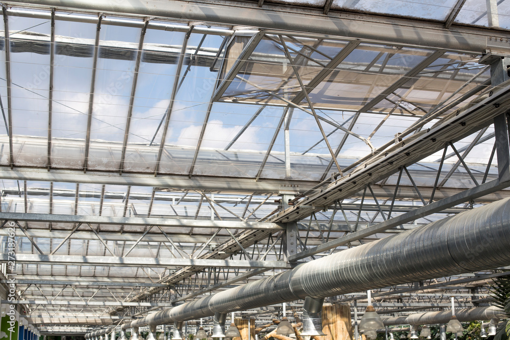 Air Condition pipe line system with glass ceiling. Ceiling air duct and light