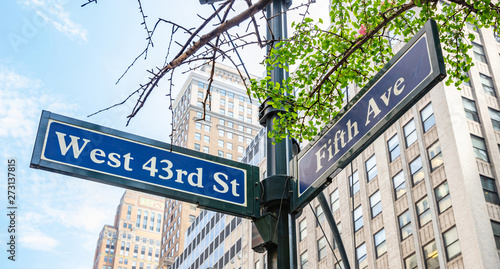 5th ave and W43 corner. Blue color street signs, Manhattan New York downtown