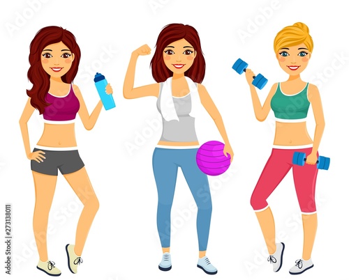 Set. Girls sports physique. Sports and fitness. Healthy lifestyle. Flat style on white background. Cartoon