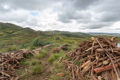 Rural landscape in Central Madagascar. Deforestation on the hills with piles of wood and a valley on the background with cray clouds 