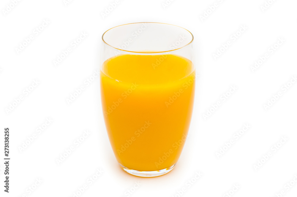  Full glass of orange juice on white background. The concept of healthy organic food. Natural organic product. Food for vegetarians and vegans.