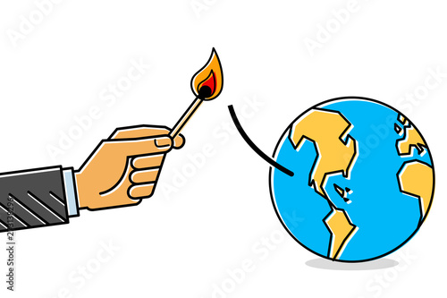 Climate crisis metaphor, hand holding lit match lighting fuse on earth globe