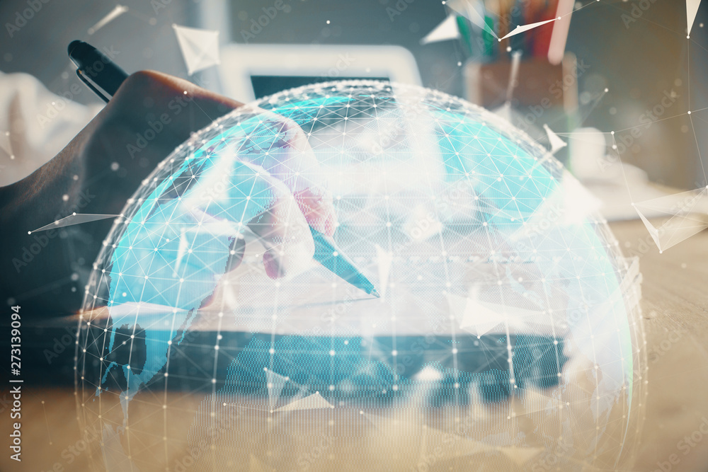 International business hud over woman's hands writing background. Concept of hard work. Double exposure International business hud over woman's hands writing background. Concept of hard work. Double exposure