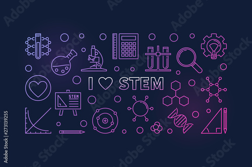 I Love STEM concept colored outline horizontal banner. Vector illustration in thin line style on dark backgroun