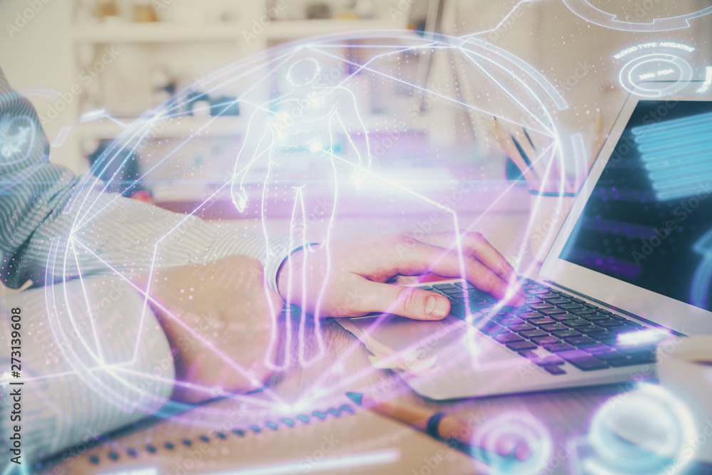 Science hologram with man working on computer on background. Concept of study. Double exposure. Science hologram with man working on computer on background. Concept of study. Double exposure.