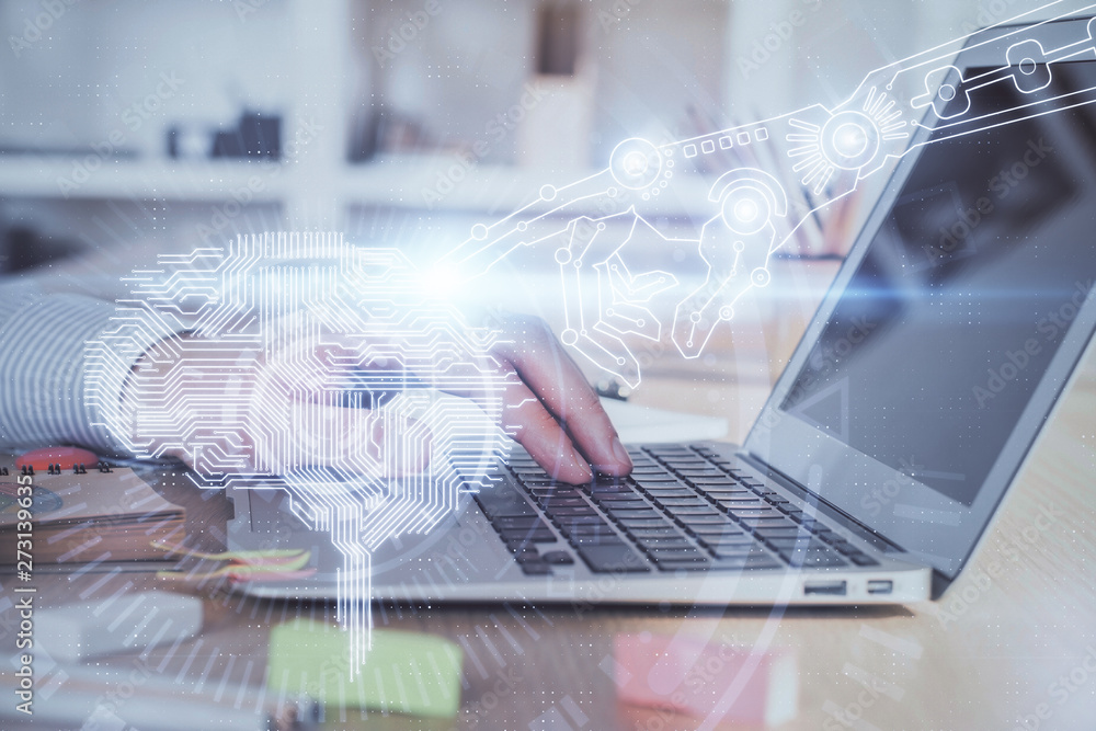 Man typing on keyboard background with brain hologram. Concept of big Data. Double exposure. Man typing on keyboard background with brain hologram. Concept of big Data. Double exposure.