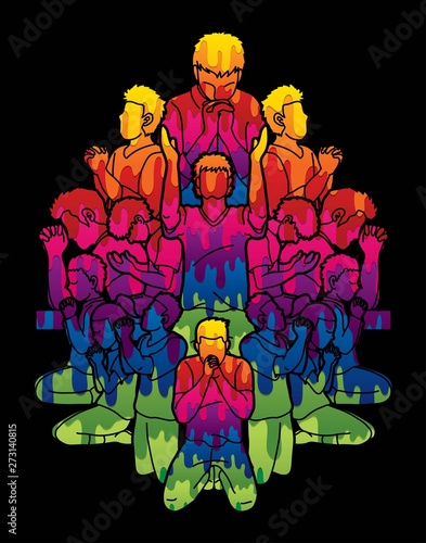 Group of People praying to God ,Prayer Unity cartoon graphic vector