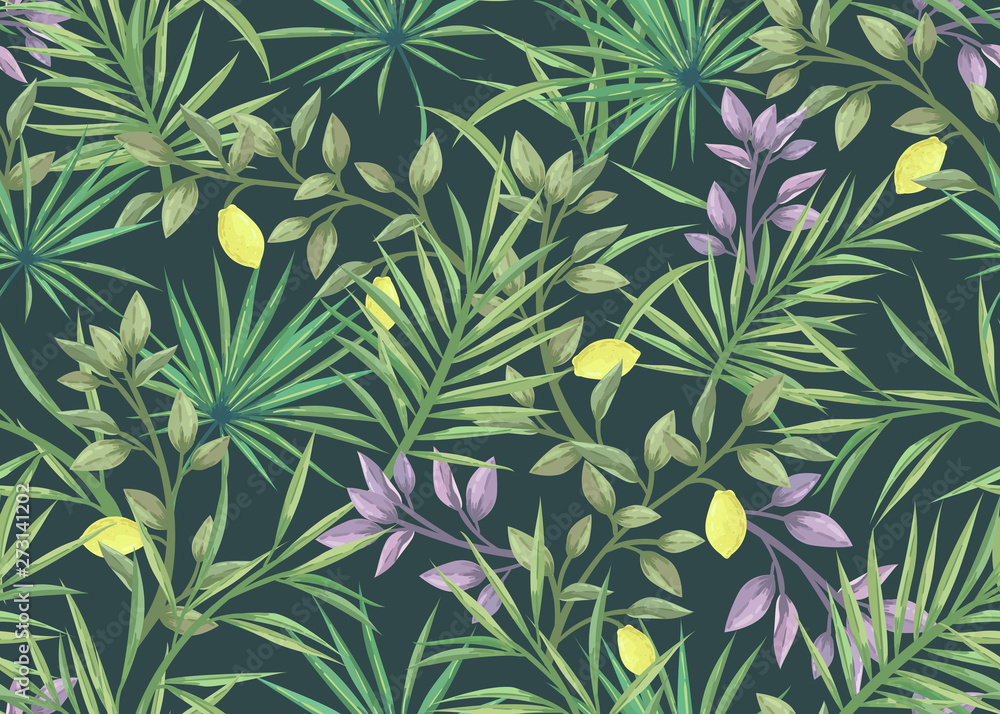 seamless pattern with palm leaves and lemons seamless pattern with palm leaves and lemons