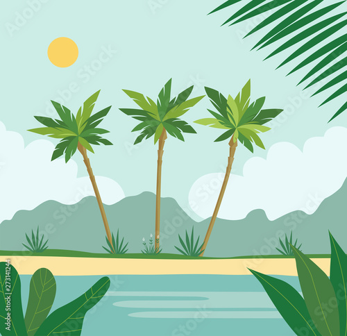 Tropical landscape with palm trees  ocean. Vector flat style illustration